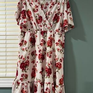 Floral V-Neck Dress - Red and White